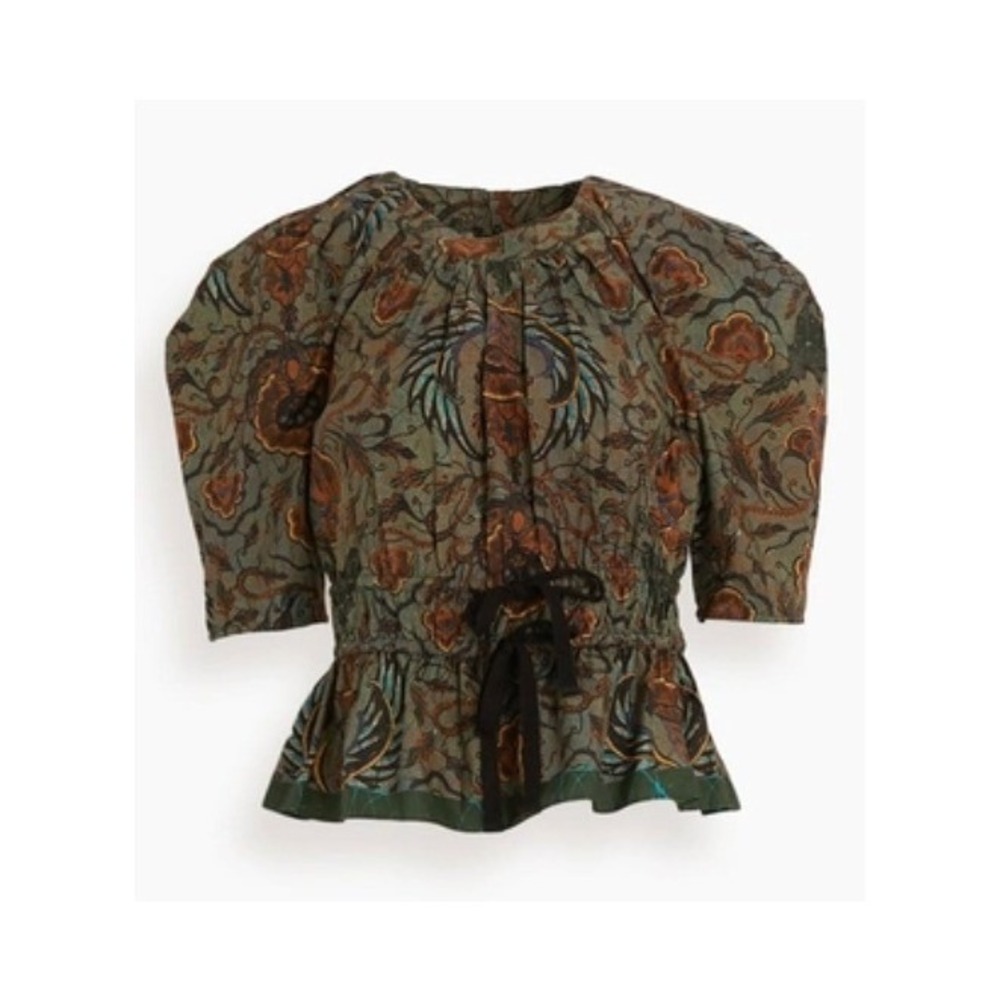 Ulla Johnson Denisa Top Spruce‎ Floral Cotton Peplum Blouse Size 6